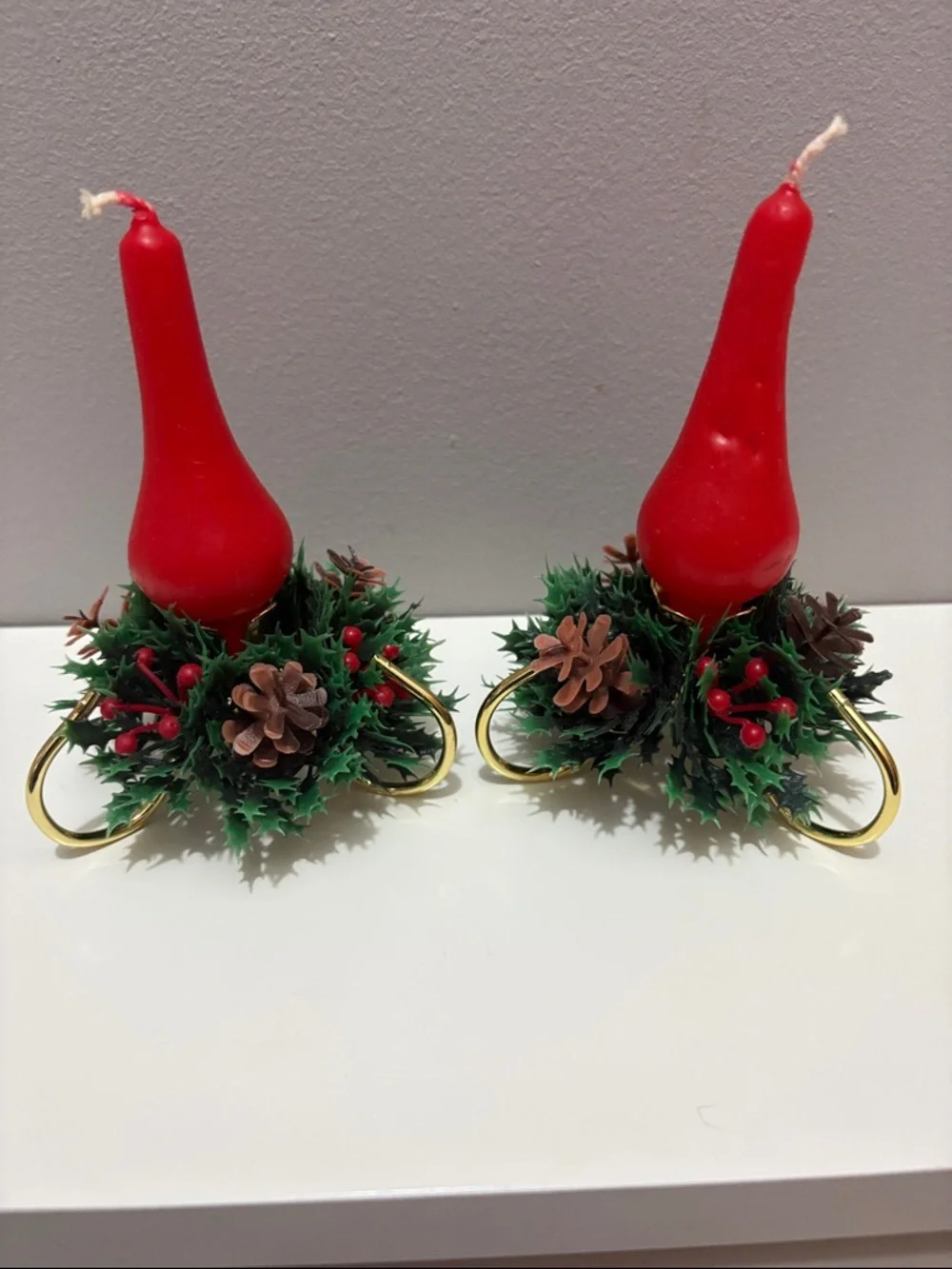 VINTAGE Pair of Red Holiday Candle Holders with Candles